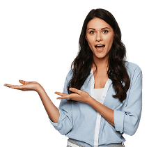 A woman with a surprised expression, gesturing with both hands.